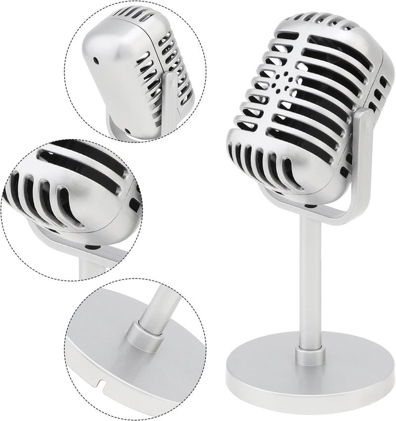 RTNLIT Retro Microphone Prop Model, Vintage Microphone Stage Table Decor with Stand, Fake Mic for Party, Jukebox Decorations (Silver) - Image 5